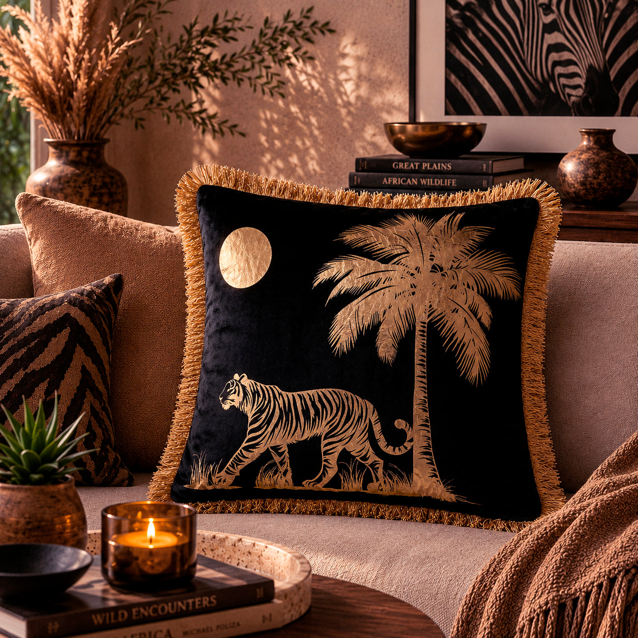 Tiger Animal Print Gold Foil Velvet Cushion Cover, 16x16 inch