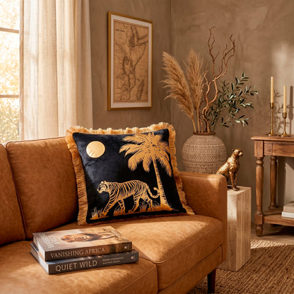 Tiger Animal Print Gold Foil Velvet Cushion Cover, 16x16 inch