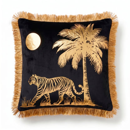 Tiger Animal Print Gold Foil Velvet Cushion Cover, 16x16 inch