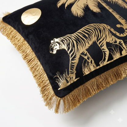 Tiger Animal Print Gold Foil Velvet Cushion Cover, 16x16 inch