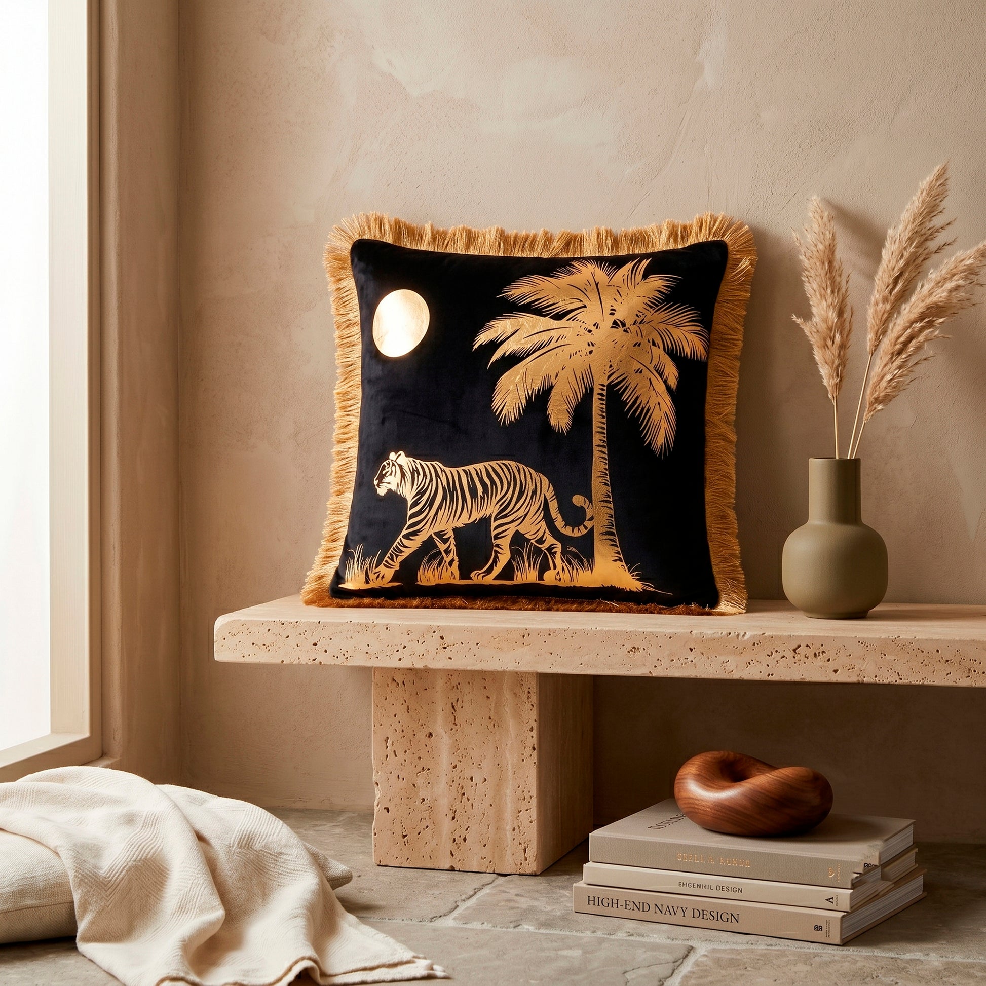 Tiger Animal Print Gold Foil Velvet Cushion Cover, 16x16 inch