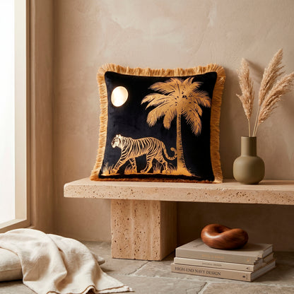 Tiger Animal Print Gold Foil Velvet Cushion Cover, 16x16 inch
