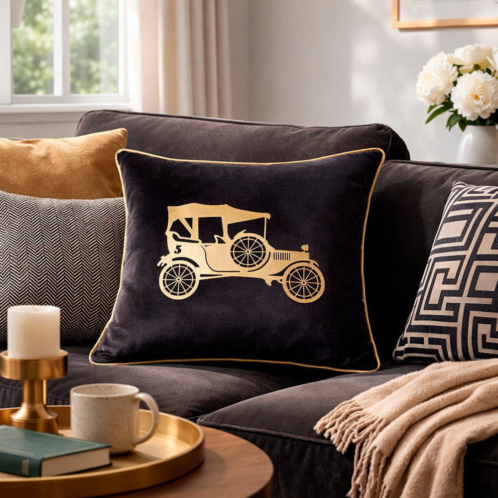 Vintage Car Black Gold Velvet Cushion Cover, 16x16 inch