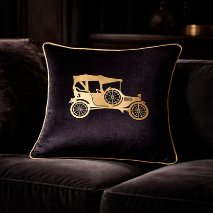 Vintage Car Black Gold Velvet Cushion Cover, 16x16 inch