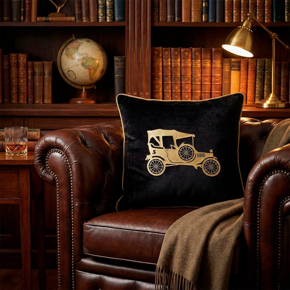Vintage Car Black Gold Velvet Cushion Cover, 16x16 inch