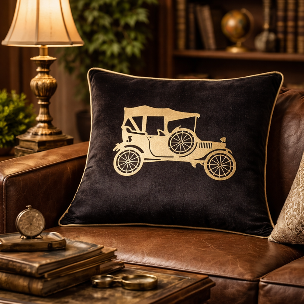 Vintage Car Black Gold Velvet Cushion Cover, 16x16 inch