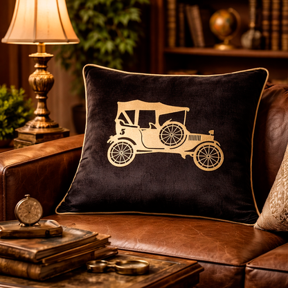Vintage Car Black Gold Velvet Cushion Cover, 16x16 inch
