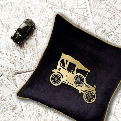 Vintage Car Black Gold Velvet Cushion Cover, 16x16 inch