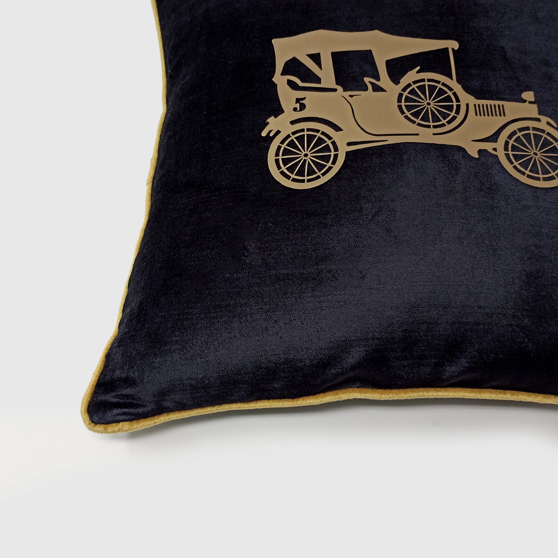 Vintage Car Black Gold Velvet Cushion Cover, 16x16 inch