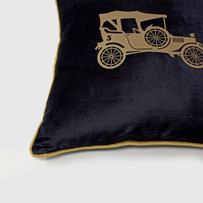 Vintage Car Black Gold Velvet Cushion Cover, 16x16 inch