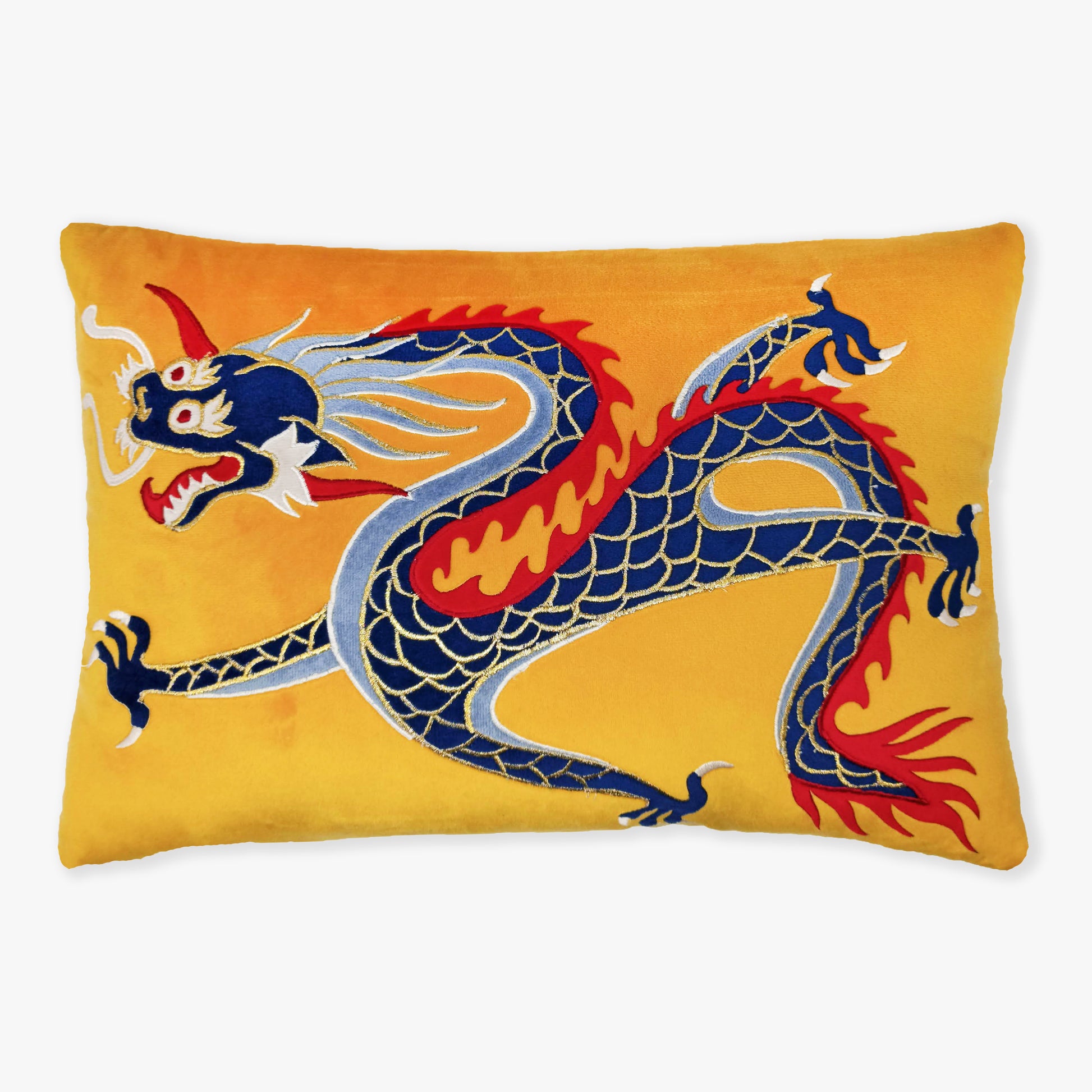 Yellow Velvet & Embroidered Dragon Lumbar Cushion Cover