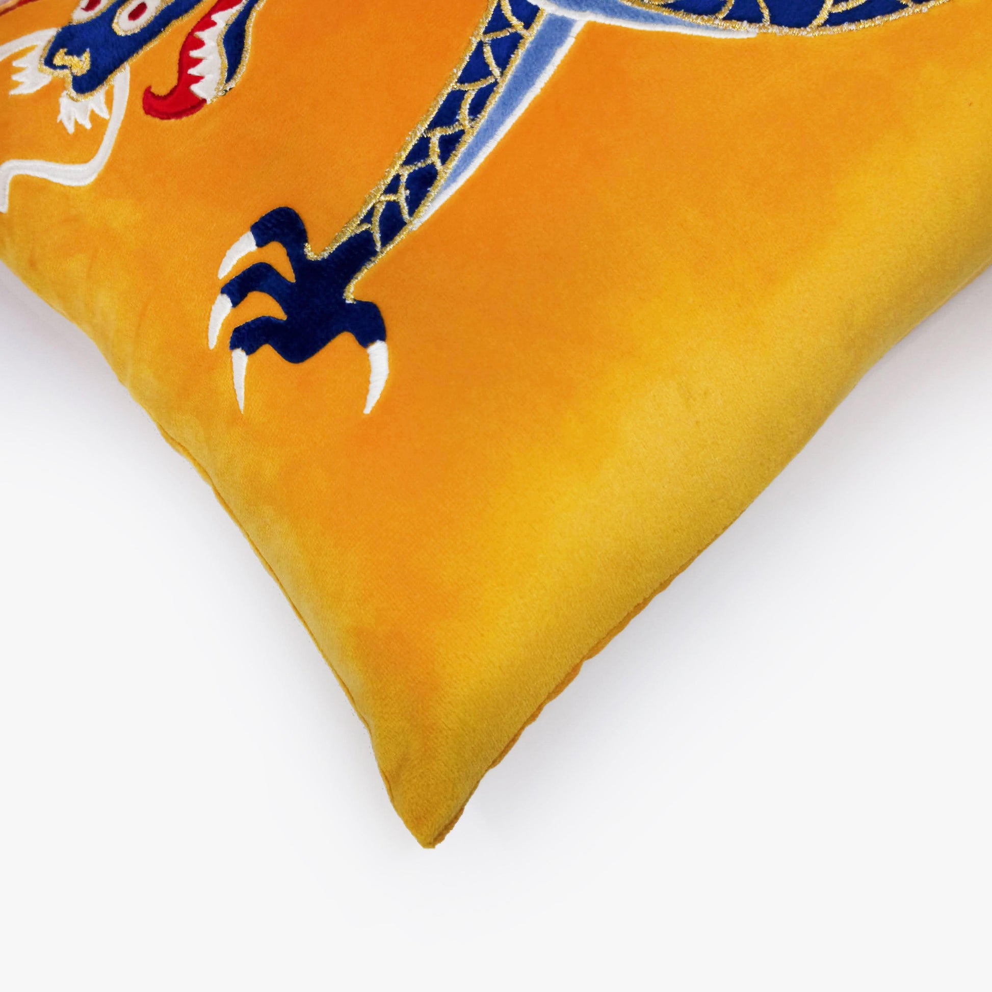 Yellow Velvet & Embroidered Dragon Lumbar Cushion Cover