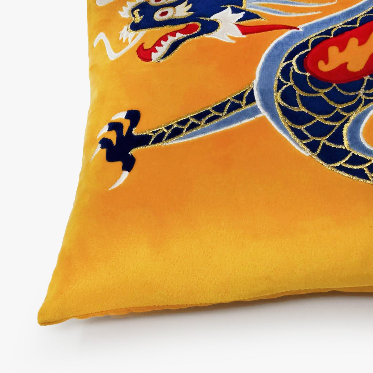 Yellow Velvet & Embroidered Dragon Lumbar Cushion Cover