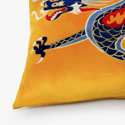 Yellow Velvet & Embroidered Dragon Lumbar Cushion Cover