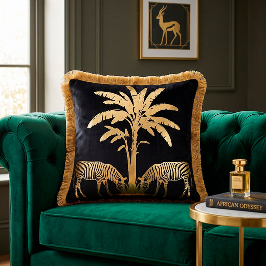 Zebra Animal Print Gold Foil Velvet Cushion Cover, 16x16 inch