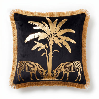 Zebra Animal Print Gold Foil Velvet Cushion Cover, 16x16 inch