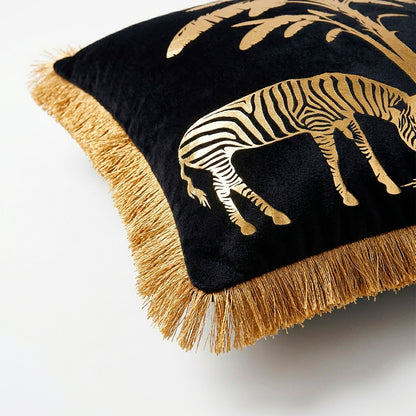 Zebra Animal Print Gold Foil Velvet Cushion Cover, 16x16 inch