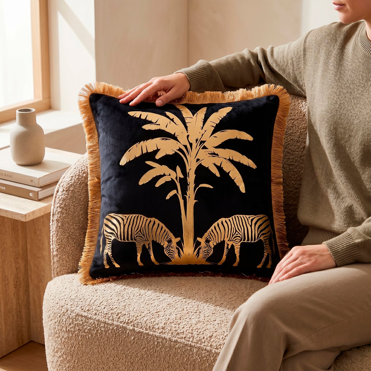 Zebra Animal Print Gold Foil Velvet Cushion Cover, 16x16 inch