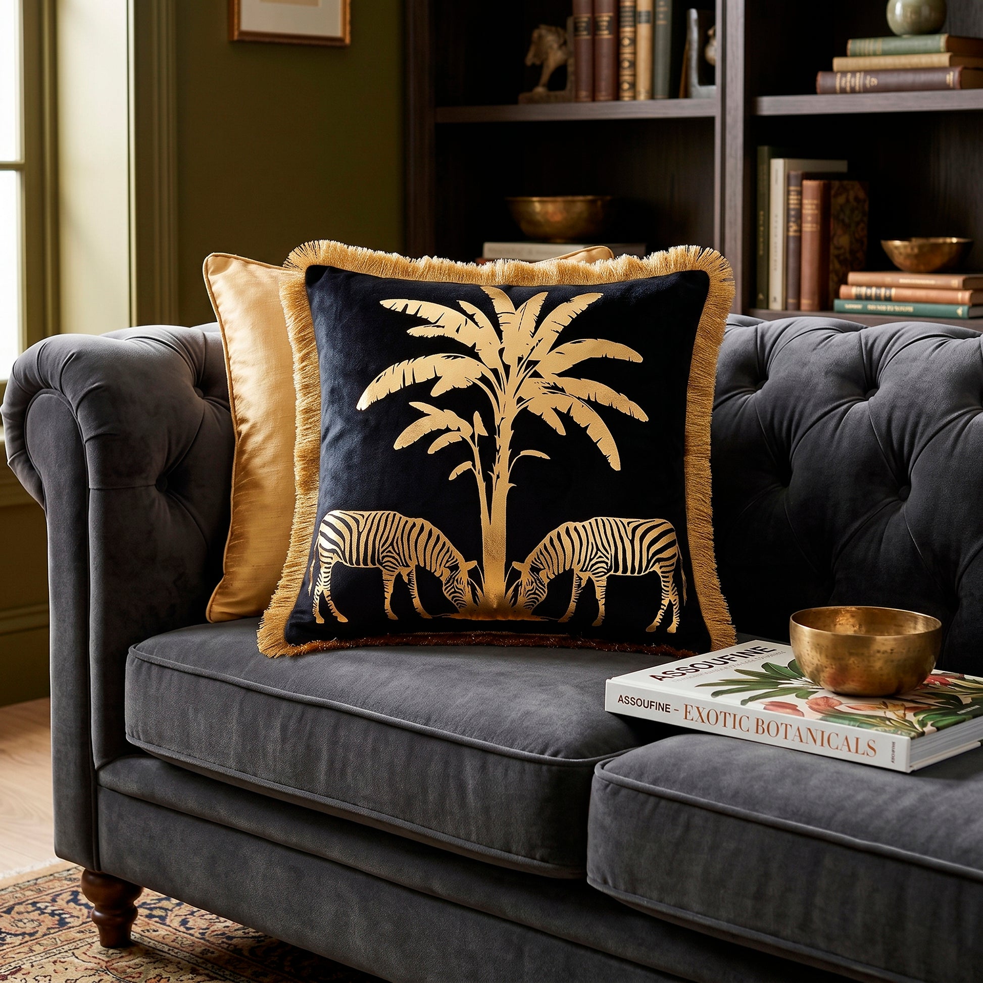 Zebra Animal Print Gold Foil Velvet Cushion Cover, 16x16 inch