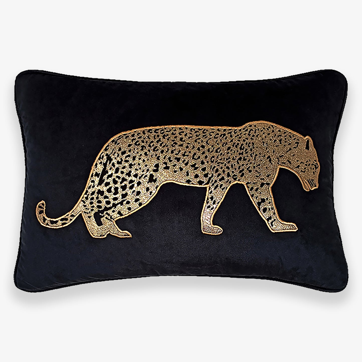Black Velvet & Champagne Leopard Lumbar Cushion Cover