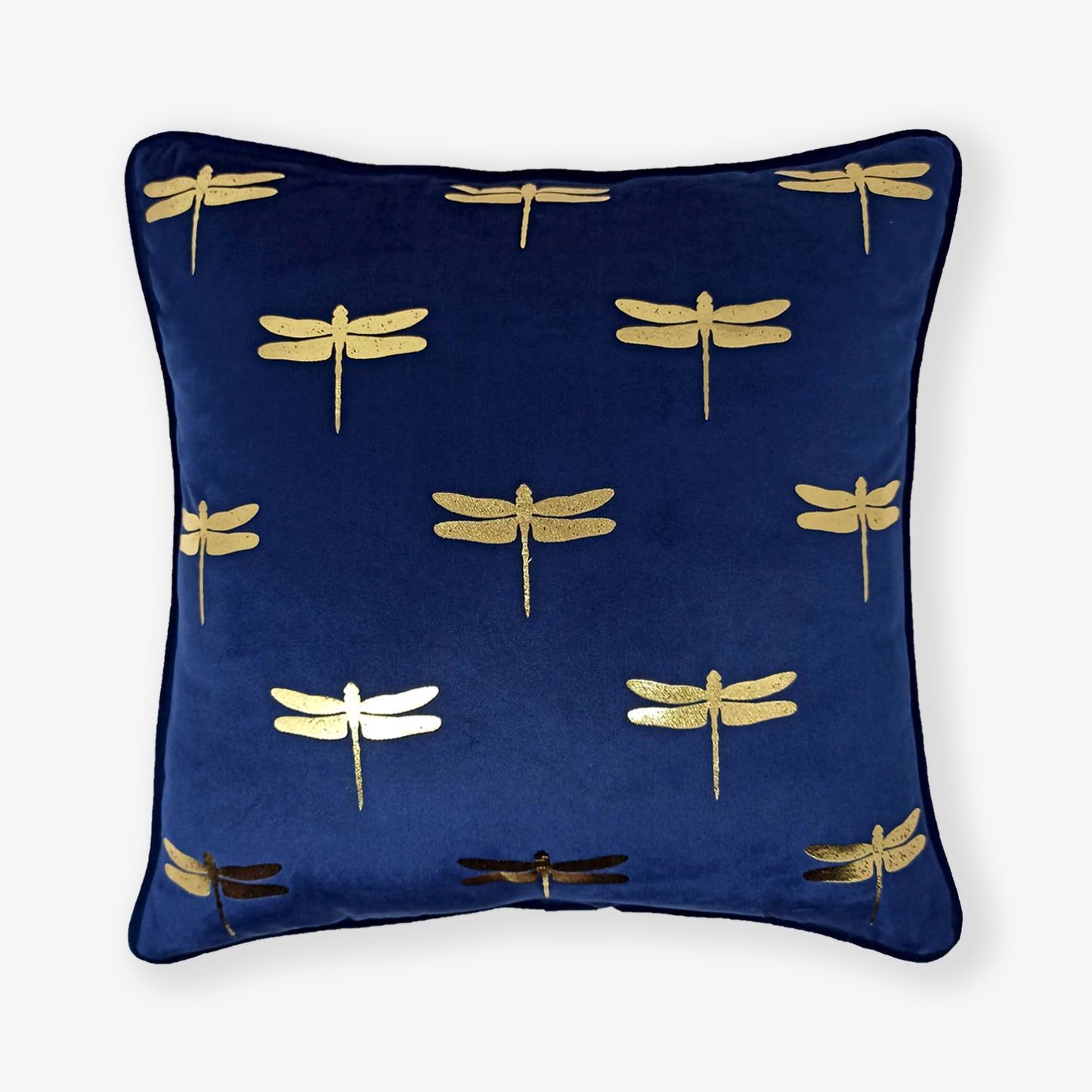 Dragonfly foil print velvet cushion cover in navy blue, front view