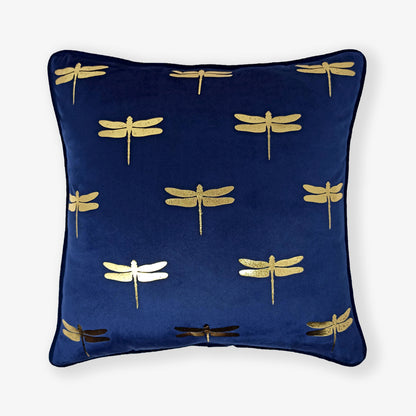 Dragonfly foil print velvet cushion cover in navy blue, front view
