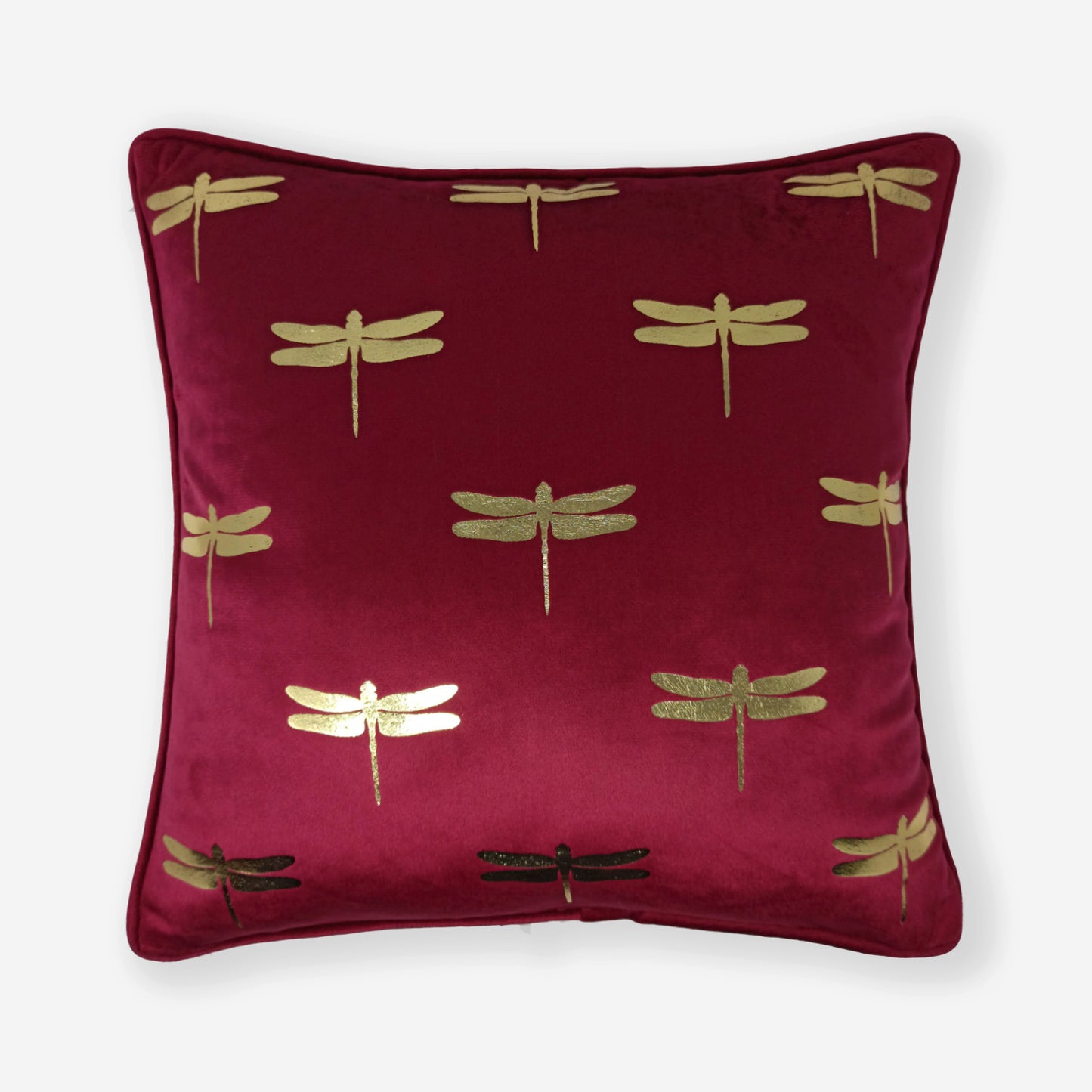 Dragonfly foil print velvet cushion cover in maroon, front view