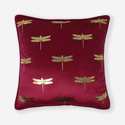 Dragonfly foil print velvet cushion cover in maroon, front view